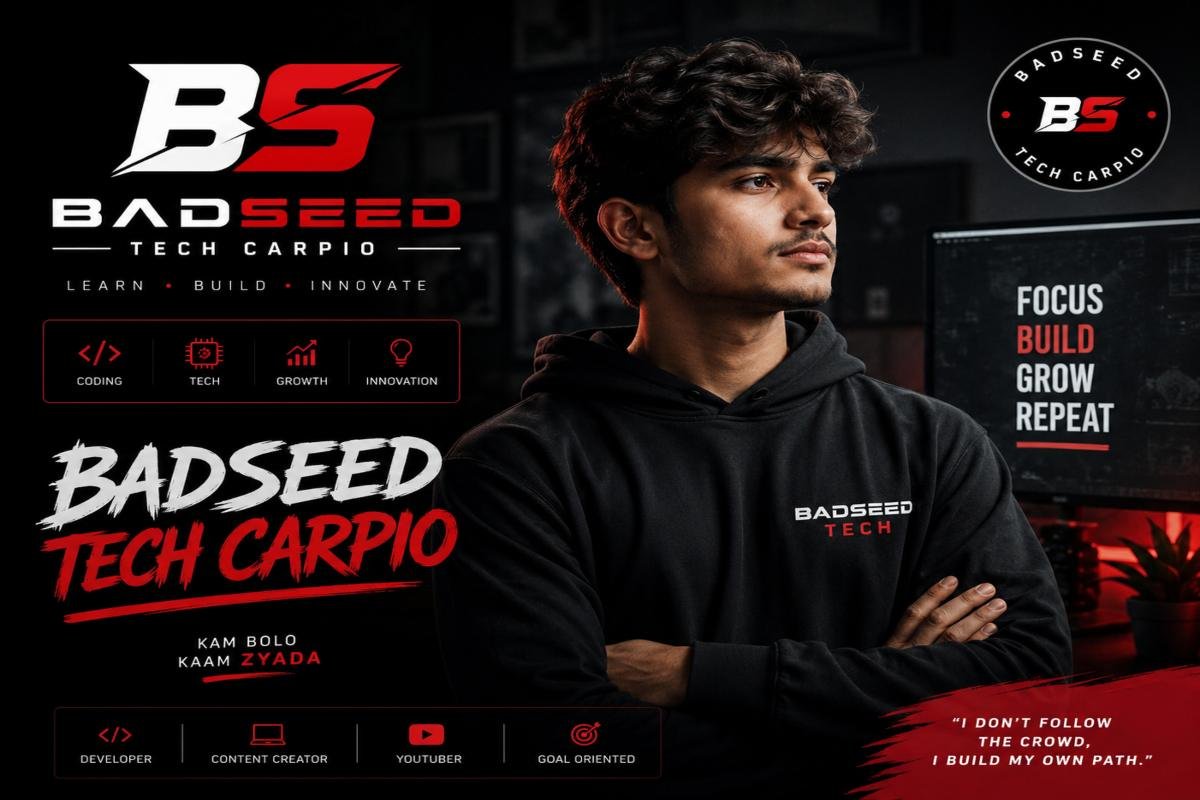 A high-contrast promotional poster for Badseed Tech Carpio featuring a young man in a black hoodie standing confidently with folded arms in a modern tech workspace.